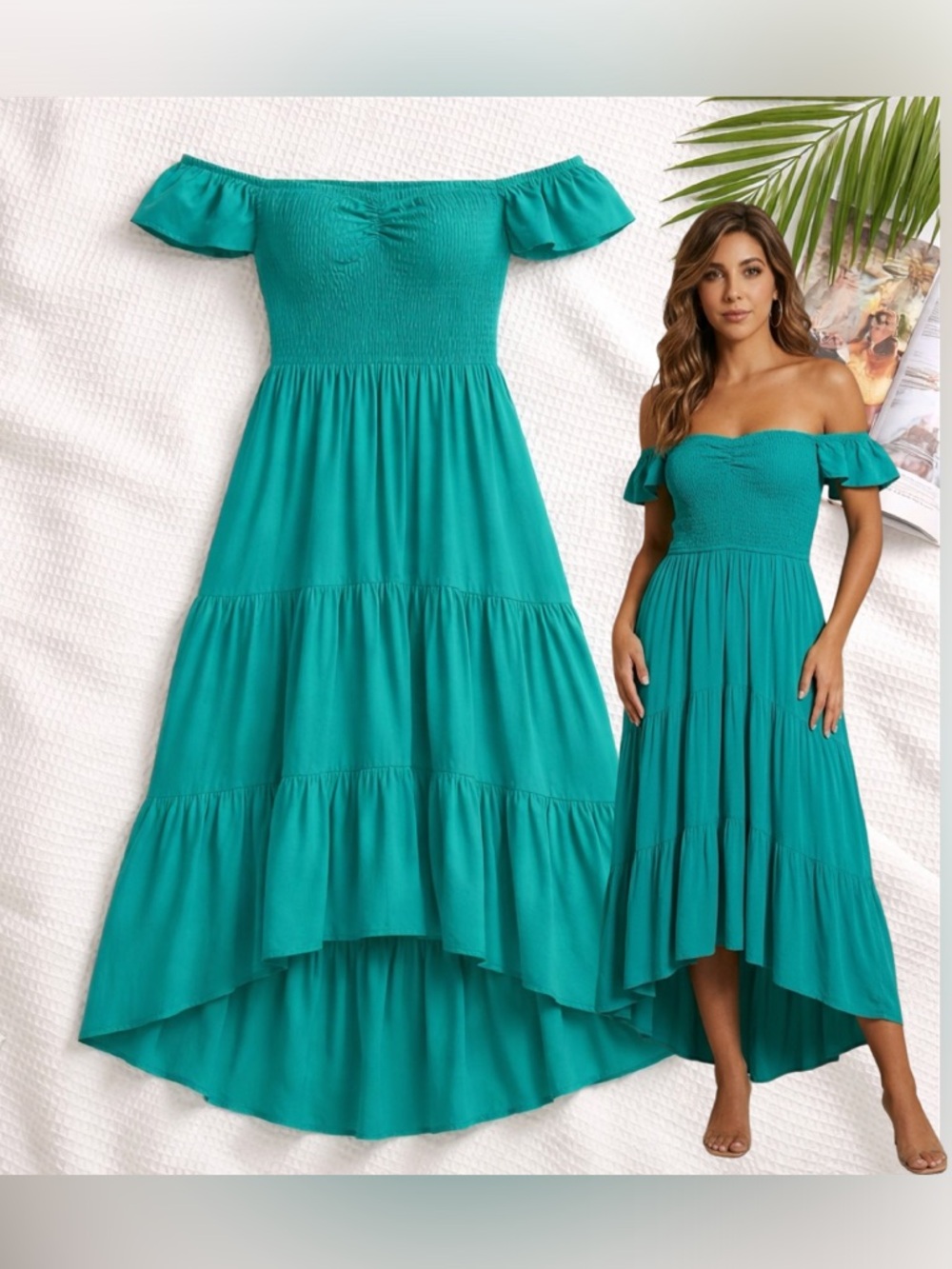 🛍️ ZESICA turquoise Boho Off Shoulder Smocked High Low Tiered Maxi Dress MED